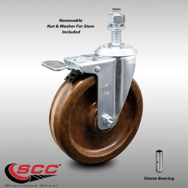 5 Inch SS High Temp Phenolic 12mm Threaded Stem Caster with Total Lock Brake
